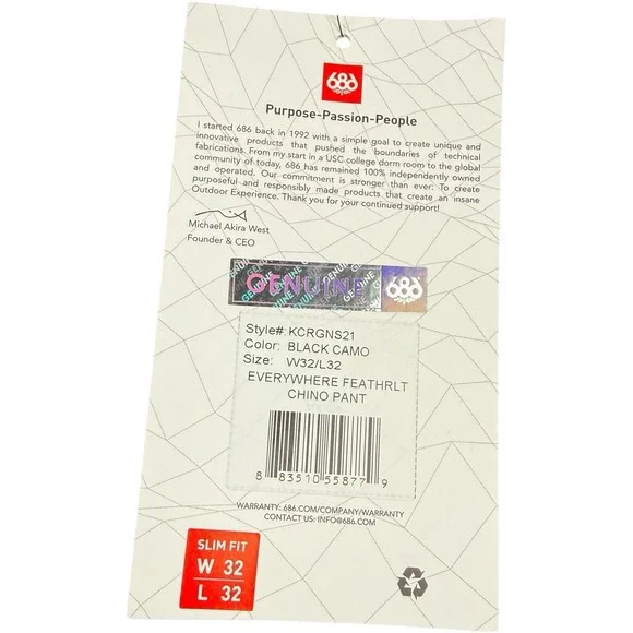 686 Black Camo Featherlight Chino Pants Men's Size 32x32 Nylon Spandex NWT